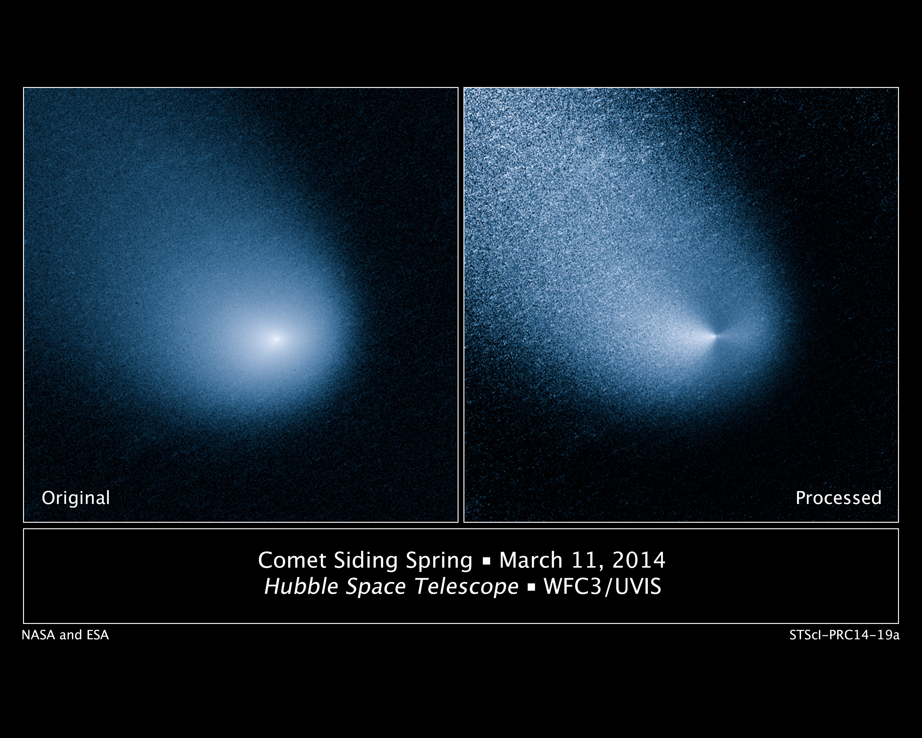 March 27, 2014: Comet Siding Spring is plunging toward the Sun along a roughly 1-million-year orbit. The comet, discovered in 2013, was within the radius of Jupiter's orbit when the Hubble Space Telescope photographed it on March 11, 2014. Hubble resolves two jets of dust coming from the solid icy nucleus. These persistent jets were first seen in Hubble pictures taken on Oct. 29, 2013.